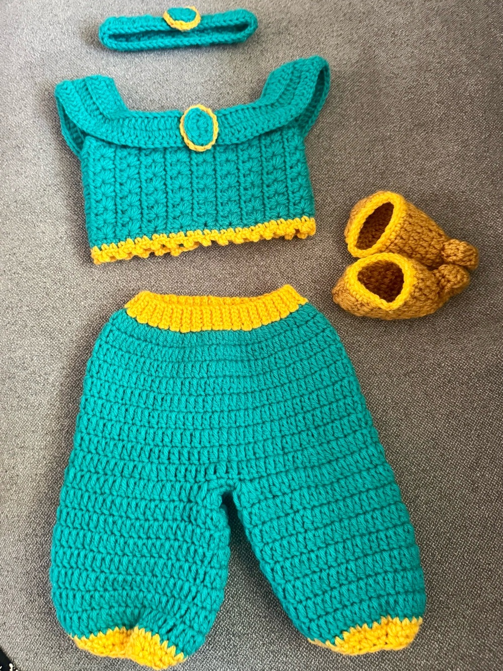 Handmade Teal and Yellow Crochet Baby Outfit - Jasmine inspired baby Accessories